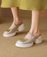 Apricot Chunky Heel Faux Leather Splicing New Slide Sandals