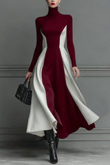Color-blocked Turtleneck Long-sleeved Slim-fit Midi Dress