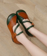 Handmade Splicing Green Flat Shoes For Lace Up Flats