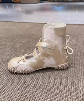 Bow Lace Up Splicing Flats Shoes Nude Faux Leather