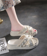 Beige Canvas Nail Bead Splicing Platform Slide Sandals