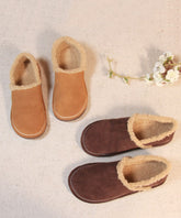 Fine Cowhide Leather Flat Shoes For Khaki Fuzzy Wool Lined Flat Feet Shoes