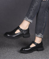 Black Cowhide Leather Simple Splicing Buckle Strap Flats