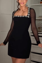 Emmey Jewel Embellished Trim Square-Neck Mesh Long Sleeve Mini Dress
