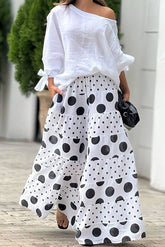 Tie-cuff Loose Top and Polka Dot Print Pocket Wide Leg Pants Set
