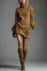 Suede High-Neck Long-Sleeved Casual Pocket Mini Dress