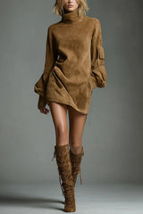 Suede High-Neck Long-Sleeved Casual Pocket Mini Dress