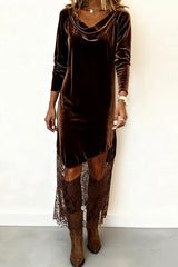 Velvet and Lace Patchwork Long-sleeved Elegant Maxi Dress