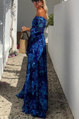 One Shoulder Blue Flower Design Off Shoulder Back Smoke Vacation Long Dress
