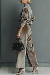 Velvet Turtleneck Long-sleeved Top and Casual Pocket Wide-leg Pants Set