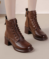 Cross Strap Chunky Boots Brown Cowhide Leather