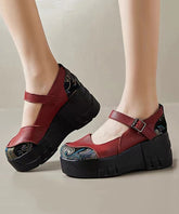 Red High Wedge Heels Shoes Splicing Buckle Strap