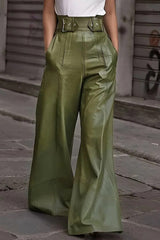 Leather High Waist Loose Pocket Casual Flared Pants