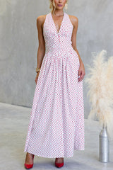 Polka Dot Print Halter Neck Fitted Waist Holiday Maxi Dress