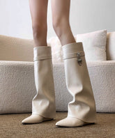 Apricot Cowhide Leather Splicing Wedge Heel Boots Pointed Toe