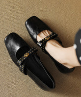 Bow Rivet Splicing Chunky Loafer Shoes Black Sheepskin