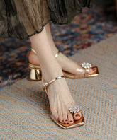 Golden High Heel Flip Flops Chunky Buckle Strap Sandals
