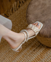 Beige Splicing Chunky Satin Slide Sandals Nail Bead Peep Toe