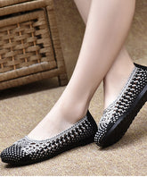 Handmade Pointed Toe Flat Shoes For Beige Chocolate Knit Fabric Flats
