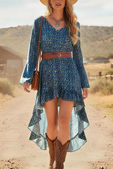 Bohemian Style V-neck Long-sleeved Casual Ruffle Midi Dress