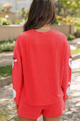 Christmas Sequined Loose Long-sleeved Top and Elastic Waist Casual Shorts Set