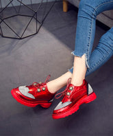 Red Faux Leather Zircon Lace Up Splicing Flat Feet Shoes