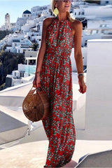 elegant vacation style printed large hanging neck design with a sense of long skirt
