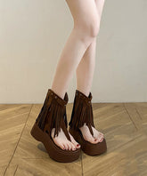 Brown Platform Rivet Tassel Roman Thong Sandals