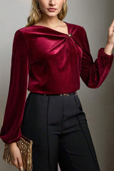 Velvet Pleated Long-sleeved Knotted Casual Top