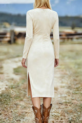 Solid Color Round Neck Long-sleeved Suede Slim-fit Tassel Midi Dress