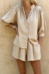Linen Blend V-neck Puff Sleeve Shirt and Elastic Waist Loose Pocket Shorts Set