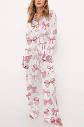 Bow-print Casual Long-sleeved Shirt and Elastic-waisted Wide-leg Pants Set