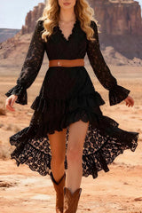 Lace V-neck Long-sleeved Irregular Ruffle Midi Dress