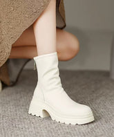 White Cowhide Leather Splicing Chic Chunky Boots