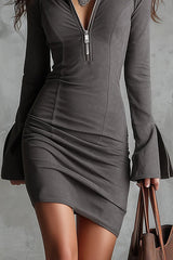 Solid Color Zipper Flared Long-sleeved Slim-fit Mini Dress