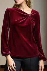 Velvet Pleated Long-sleeved Knotted Casual Top