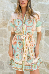 Unique Printed Puff Sleeve Button Lace Up Vacation Mini Dress