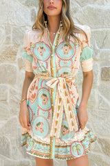 Unique Printed Puff Sleeve Button Lace Up Vacation Mini Dress