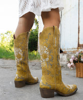 Yellow Pointed Toe Embroidery Faux Leather Chunky Boots