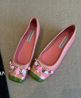 Pink Floral Embroidered Splicing French Flat Shoes For Women