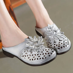Hollow Leather Floral Casual Slippers