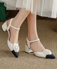 Yellow Pointed Toe Floral Chunky Heel Faux Leather Sandals