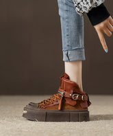 Chocolate Cowhide Leather Splicing Boots Lace Up