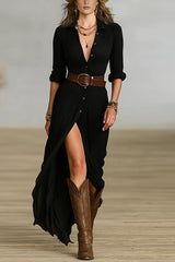 Lapel Single-breasted Waist Shirt-style Maxi Dress