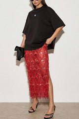 See-through Sequined Tassel Midi Skirt