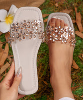 Beige Slide Sandals Peep Toe Floral Zircon