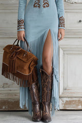 Embroidered Fitted Long-sleeved Tassel Hem Maxi Dress