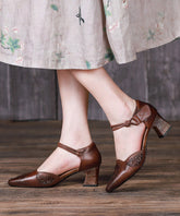 Coffee Splicing Hollow Out Lace Up Chunky Cowhide Leather Sandals