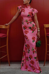 Elegant party cheongsam style rose print layered flared sleeve elastic long skirt