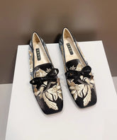 Retro Black Embroidered Flat Feet Shoes Fuzzy Wool Lined